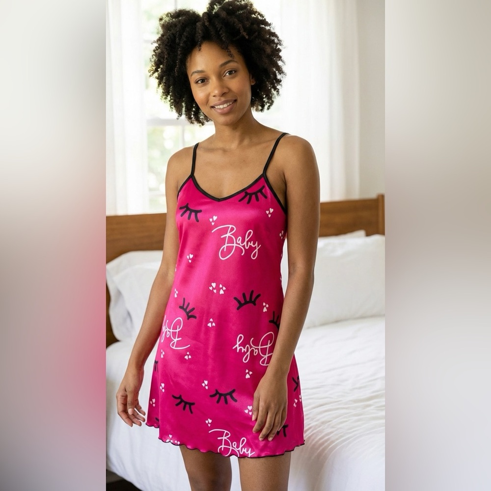 “Pink Satin Slip Nightgown L | Backless Babydoll Sleep Dress | Eyelash Print” - Picture 2 of 9